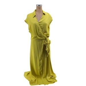Maeve Anthropologie Chartreuse Yellow Wrap Maxi Dress Cutout Back Womens Large